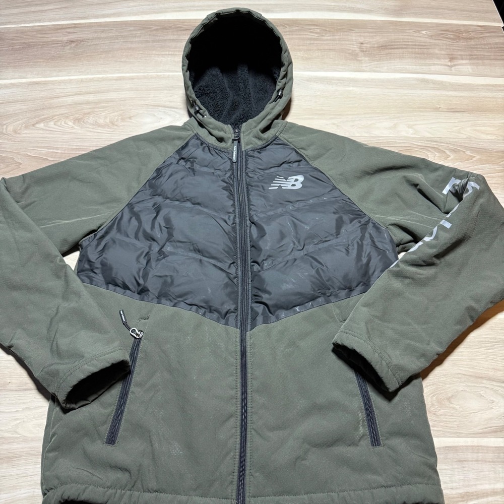 New Balance Hooded Jacket Men's Small Green Black Hybrid Puffer‎ Sherpa Fleece